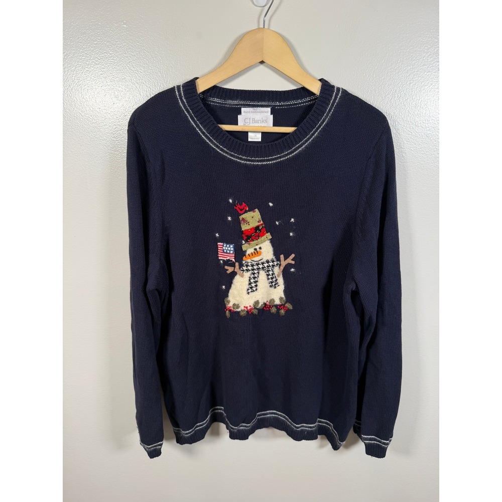 CJ Banks Sweater 1X Snowman American Flag Hand Embroidered Cotton Navy Christmas